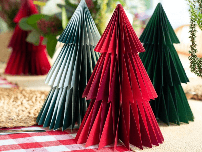 Pack of four honeycomb paper decorations - red and green trees