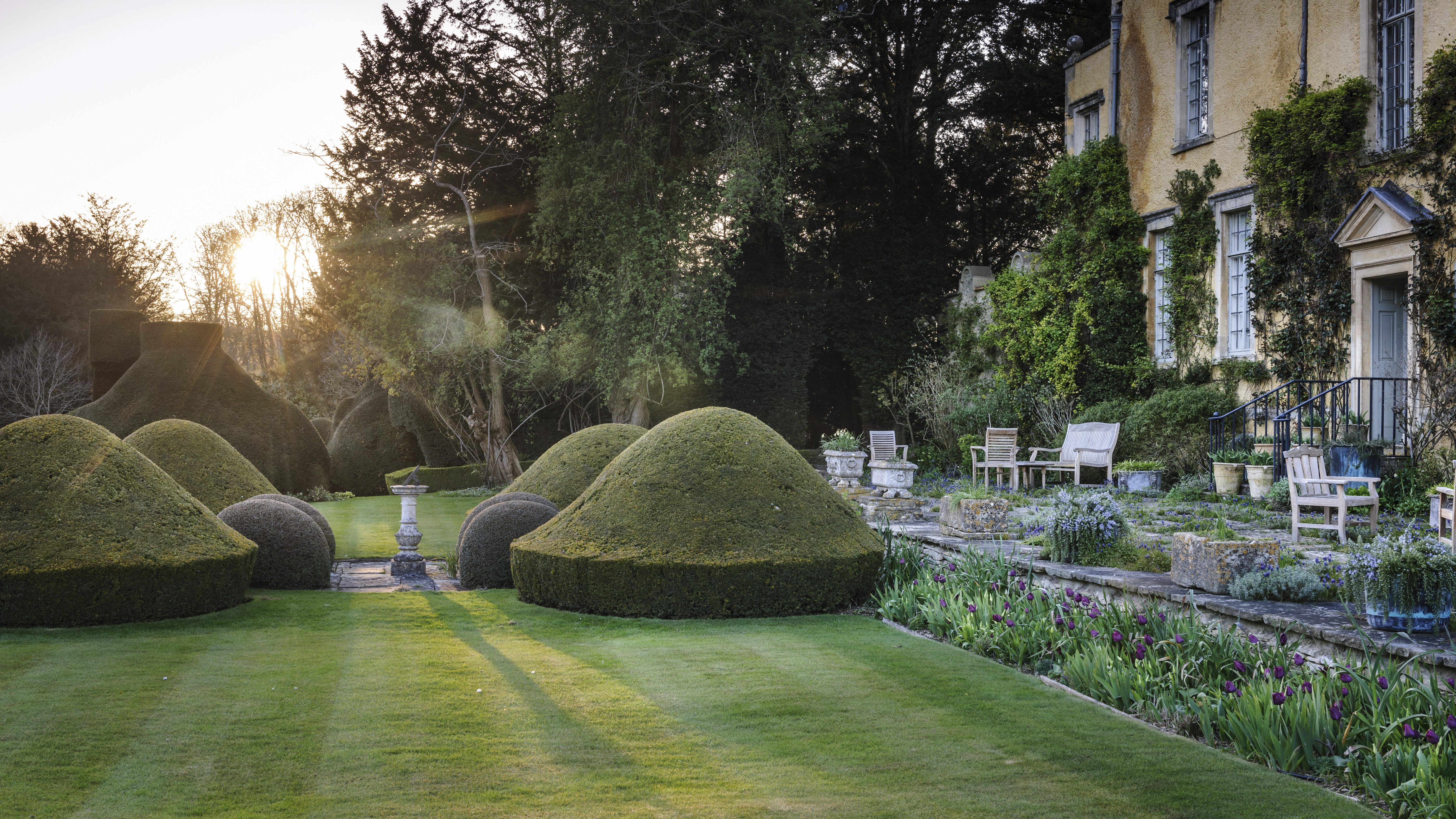 Garden The terrace by the house has stone troughs of bulbs and flowering rosemary, with early irises and muscari between the pavers, and tulips lining the wall. The garden features topiary including four golden yews and large, ancient box and yew forms clipped into amorphous shapes