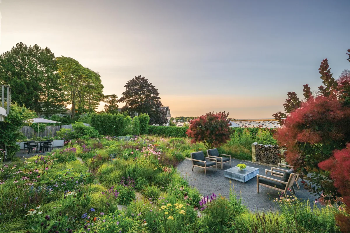 Adam Woodruff garden Garden seating overlooking harbour