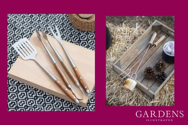 Garden Trading BBQ tools and forks on a pink background