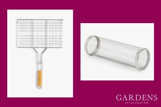 John Lewis BBQ grilling accessories on a pink background