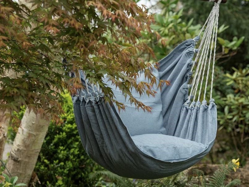 Swing hammock chair - chambray hanging in a garden