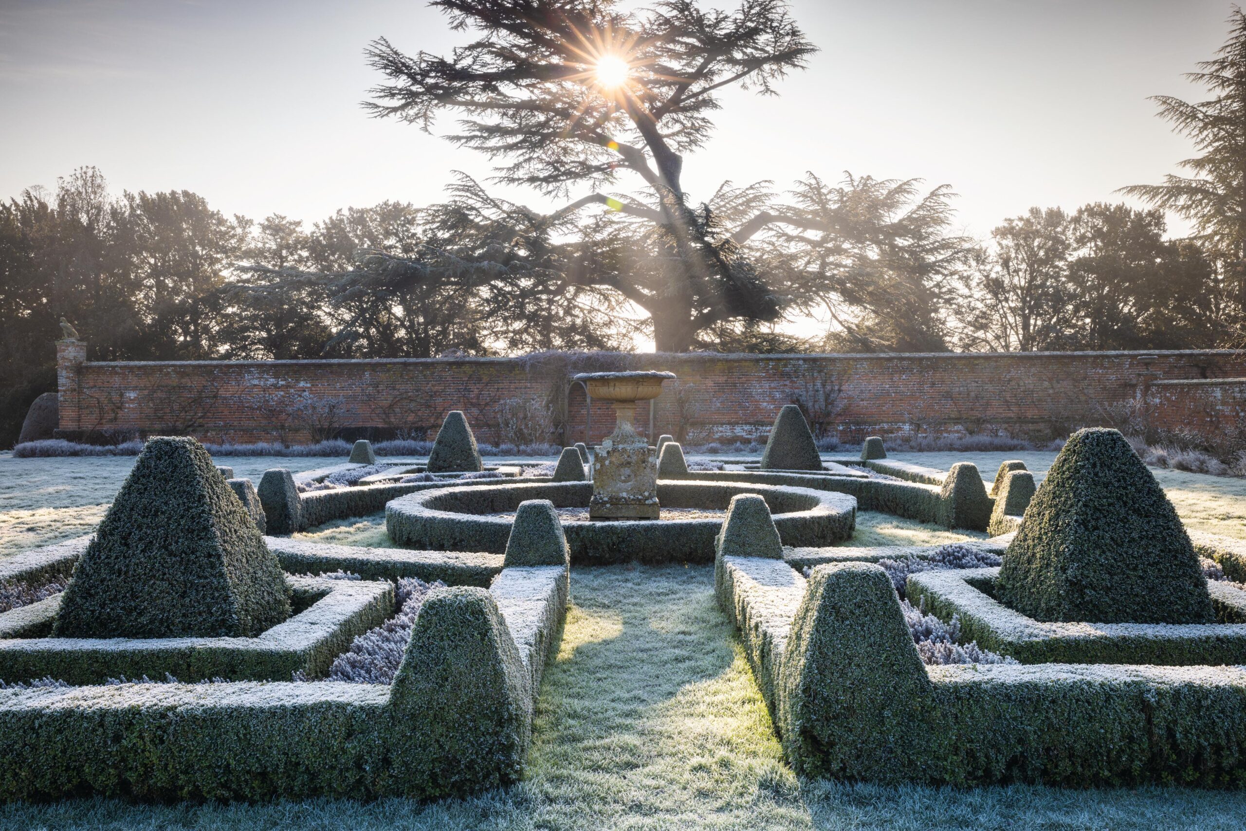 Walled garden with decorative hedges