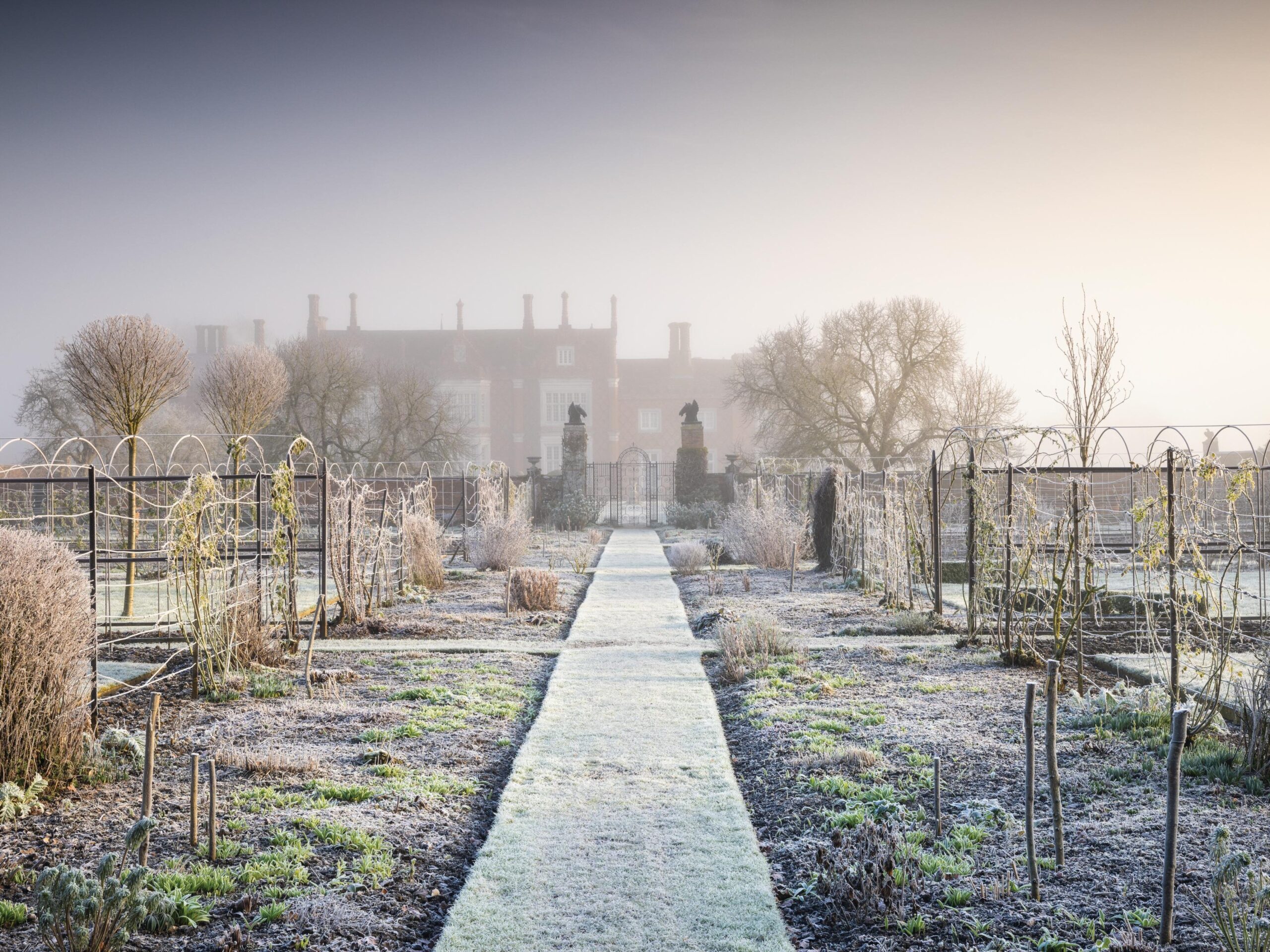 Walled garden and house in mist
