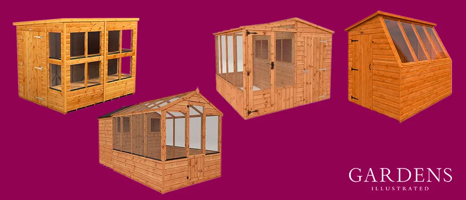 Potting sheds Selection of potting sheds on a pink background