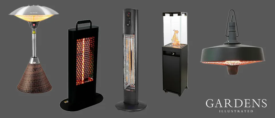 Patio heaters Selection of patio heaters on a grey background