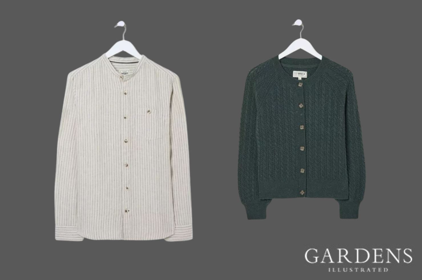 Fat Face Grandad Stripe Linen Shirt and Chloe Cable Knit Cardigan on a grey background