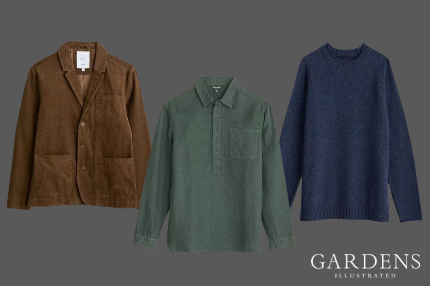 Seasalt jacket, shirt and jumper on a grey background