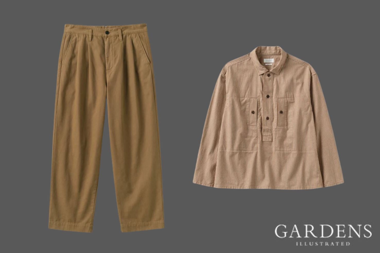 Toast Bill Cotton Wide Leg Trousers and Half Placket Stripe Workwear Shirt on a grey background