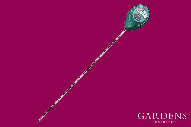 Long Probe Deep Use Soil Moisture Meter on a pink background