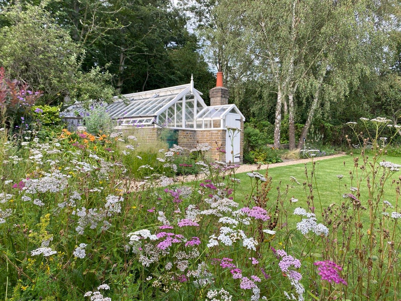 Colourful border plants, with greenhouse and lawn beyond