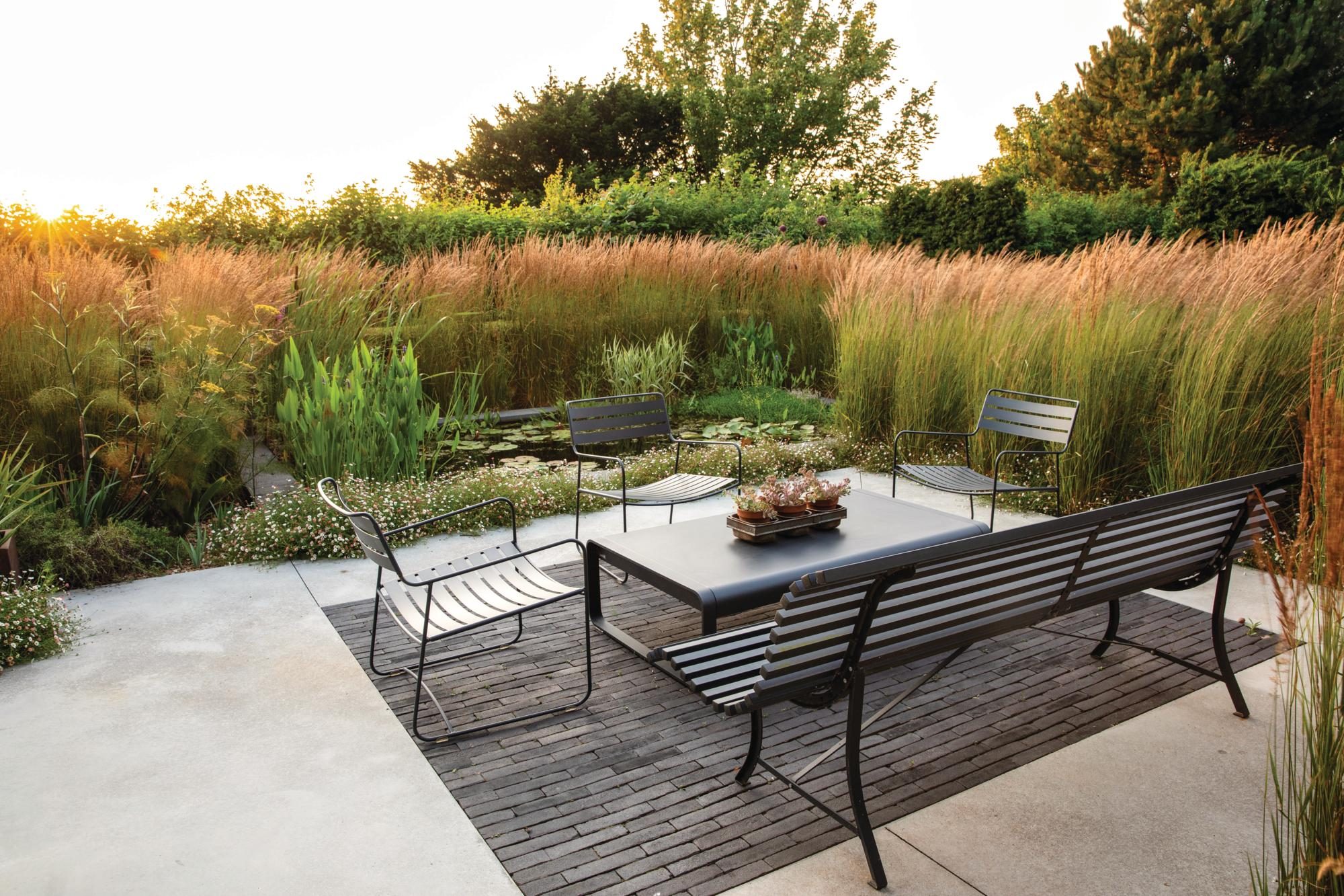 A seating area with a pond and grasses