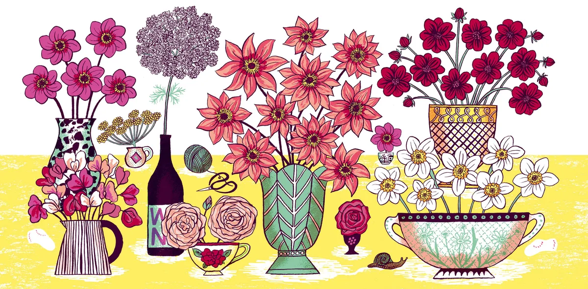 Illustration of cut flowers in vases, including pink and red dahlias. Illustration of cut flowers in vases, including pink and red dahlias.