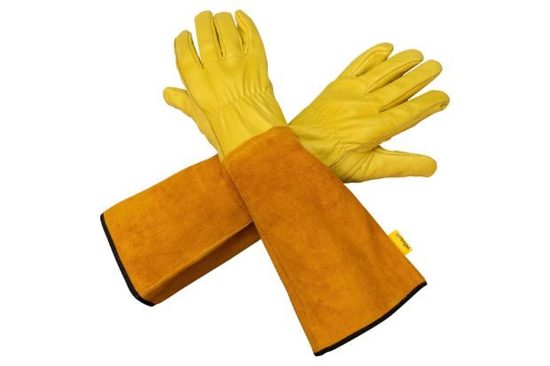 Woodside Leather Gauntlet Gardening Gloves on a white background