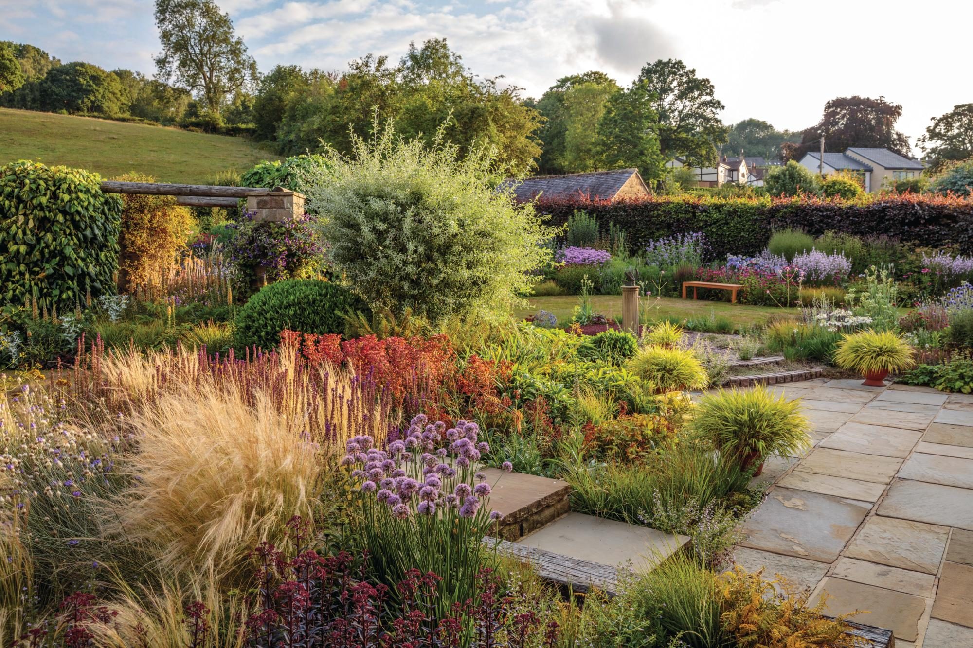 A garden with paving stones and shrubs