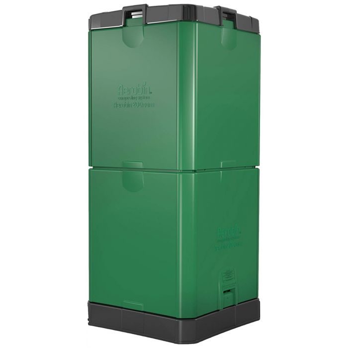 A green Aerobin composter on a white background.
