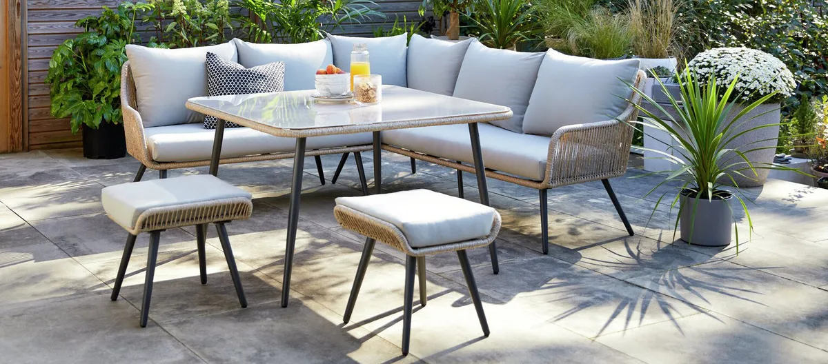 Habitat Malta 6 Seater Steel Corner Dining Set 1 Habitat Malta 6 Seater Steel Corner Dining Set on a patio