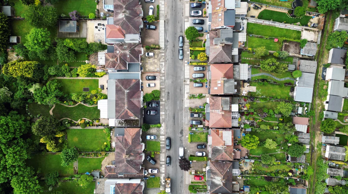 Overhead aerial view of residential homes and street in the UK Overhead aerial view of residential homes and street in the UK