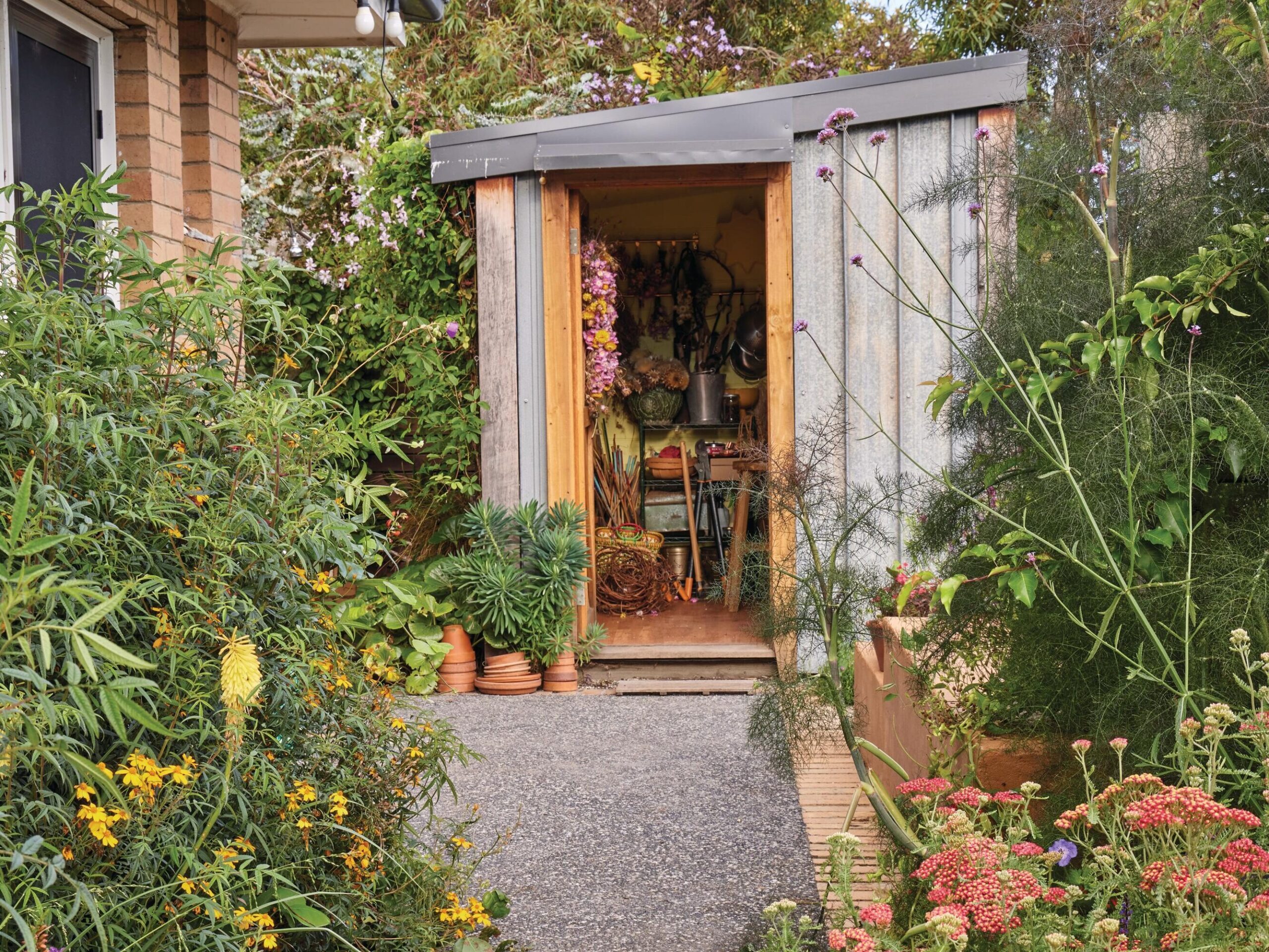 Garden path leading to small potting shed