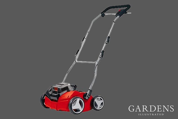 Einhell Power X-Change GE-SC 35/1 scarifier on a grey background