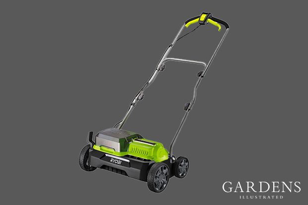 Ryobi ONE+ Cordless Lawn Scarifier on a grey background