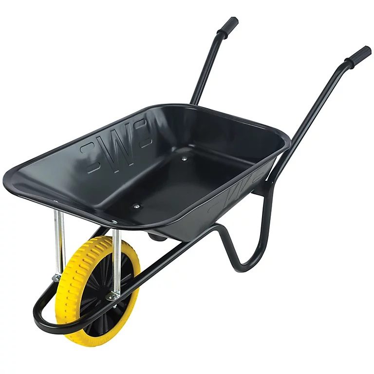 A black wheelbarrow with a yellow wheel on a white background.