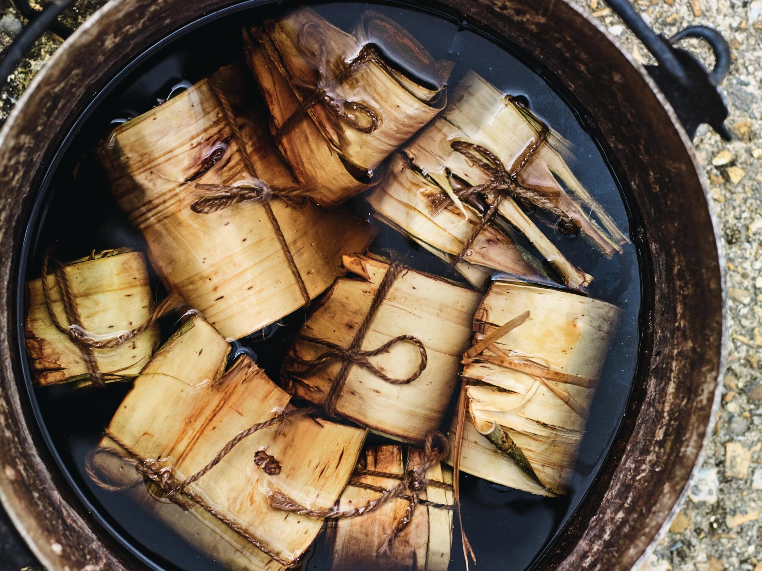 Rolls of willow bark soaking before use.