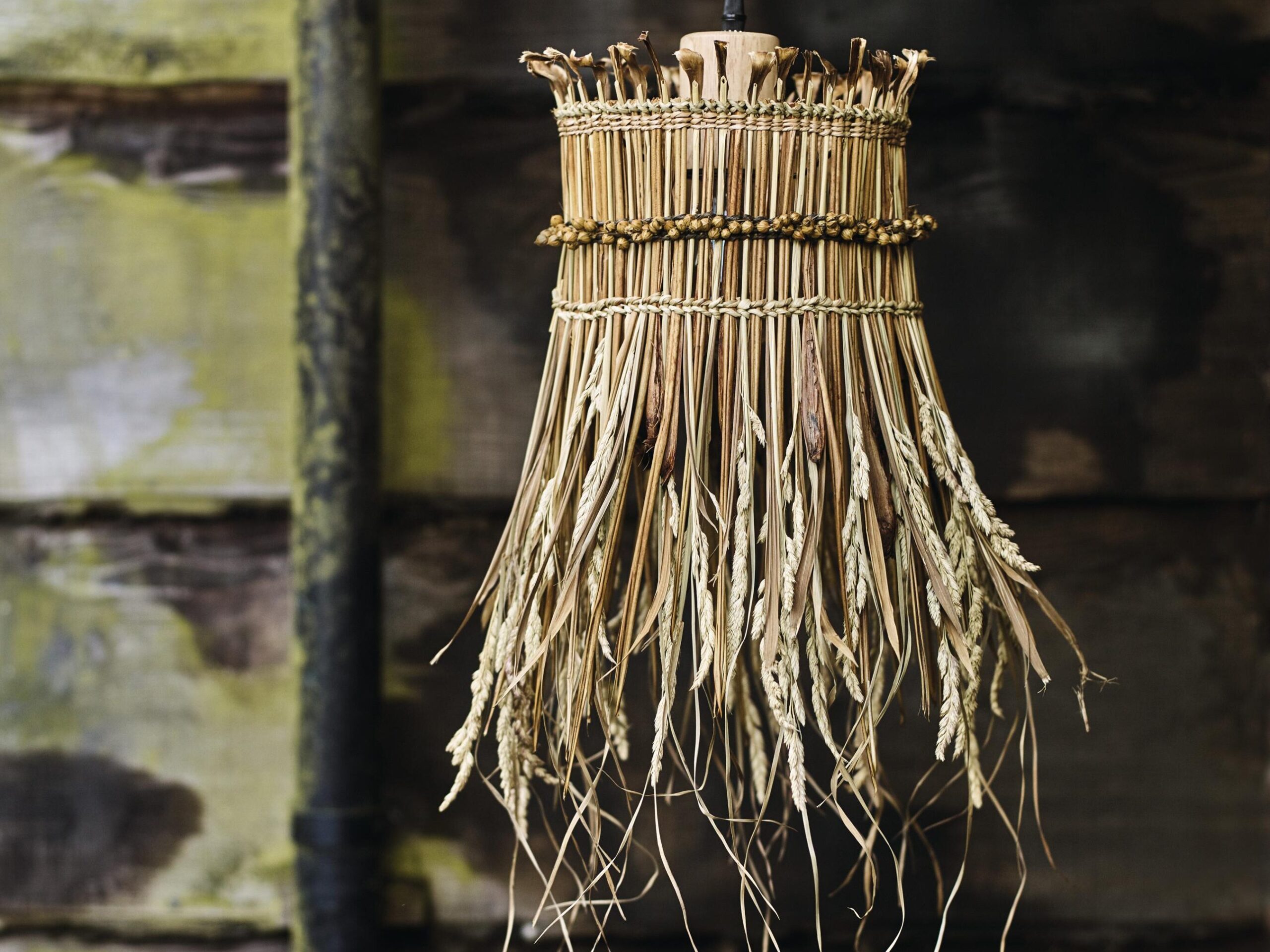 One of Mollie’s lampshades, woven from foraged plant fibres including cocksfoot grass, palm, phormium, ginger leaf, lime bark and sedges.