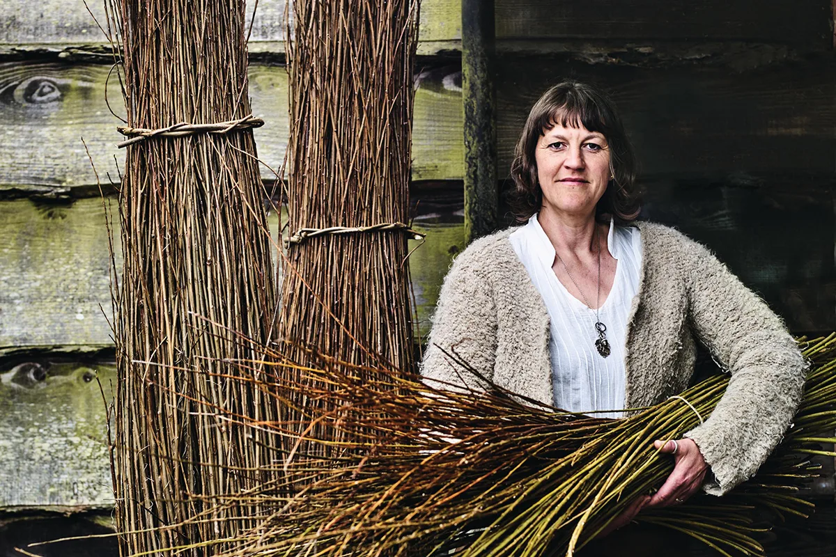 Weaver Mollie McMillen with a bundle of locally grown willow Weaver Mollie McMillen with a bundle of locally grown willow