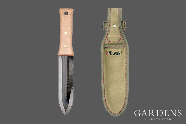 Niwaki Hori Hori Knife and sheath on a grey background