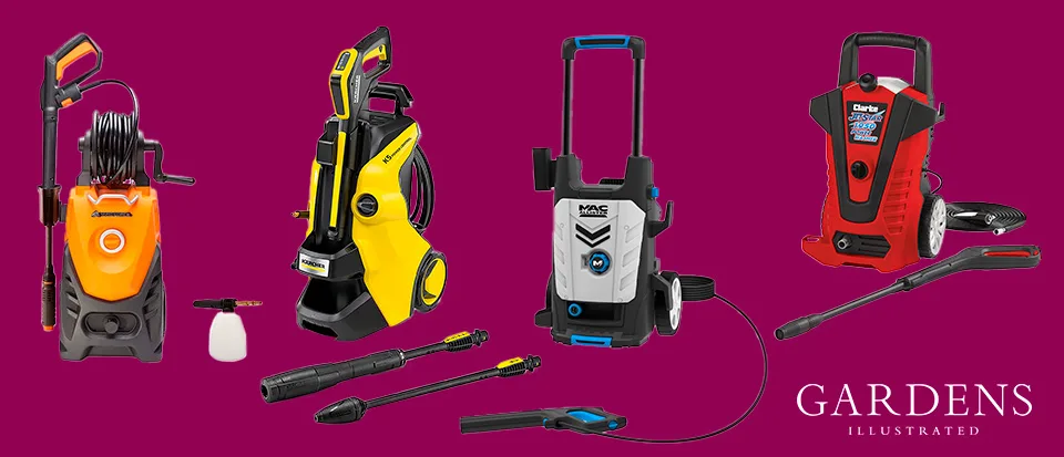 Pressure washers Selection of pressure washers on a pink background