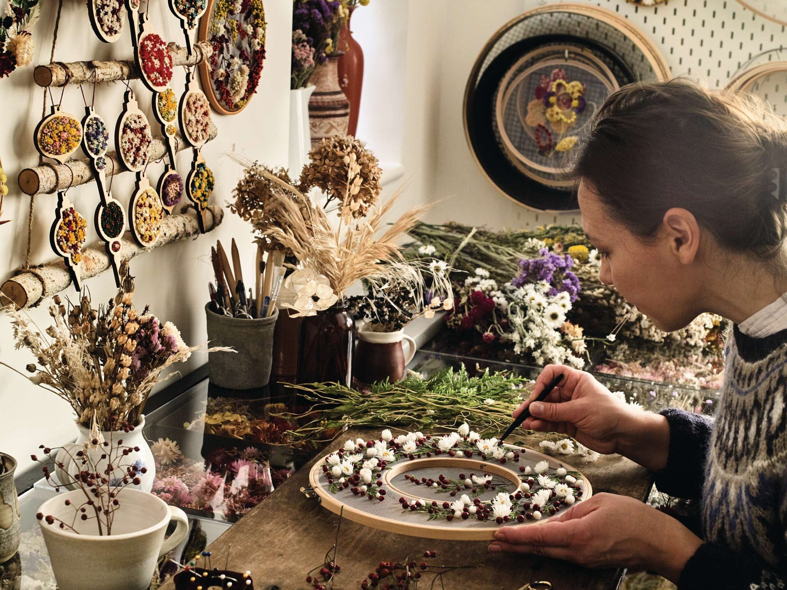 Festive dried flower wreath hoop