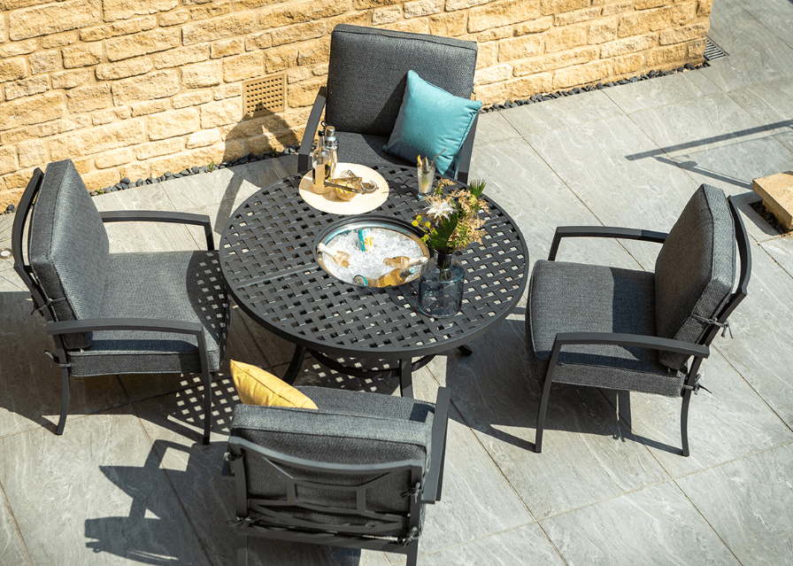 Modern metal garden furniture: round table with fire pit