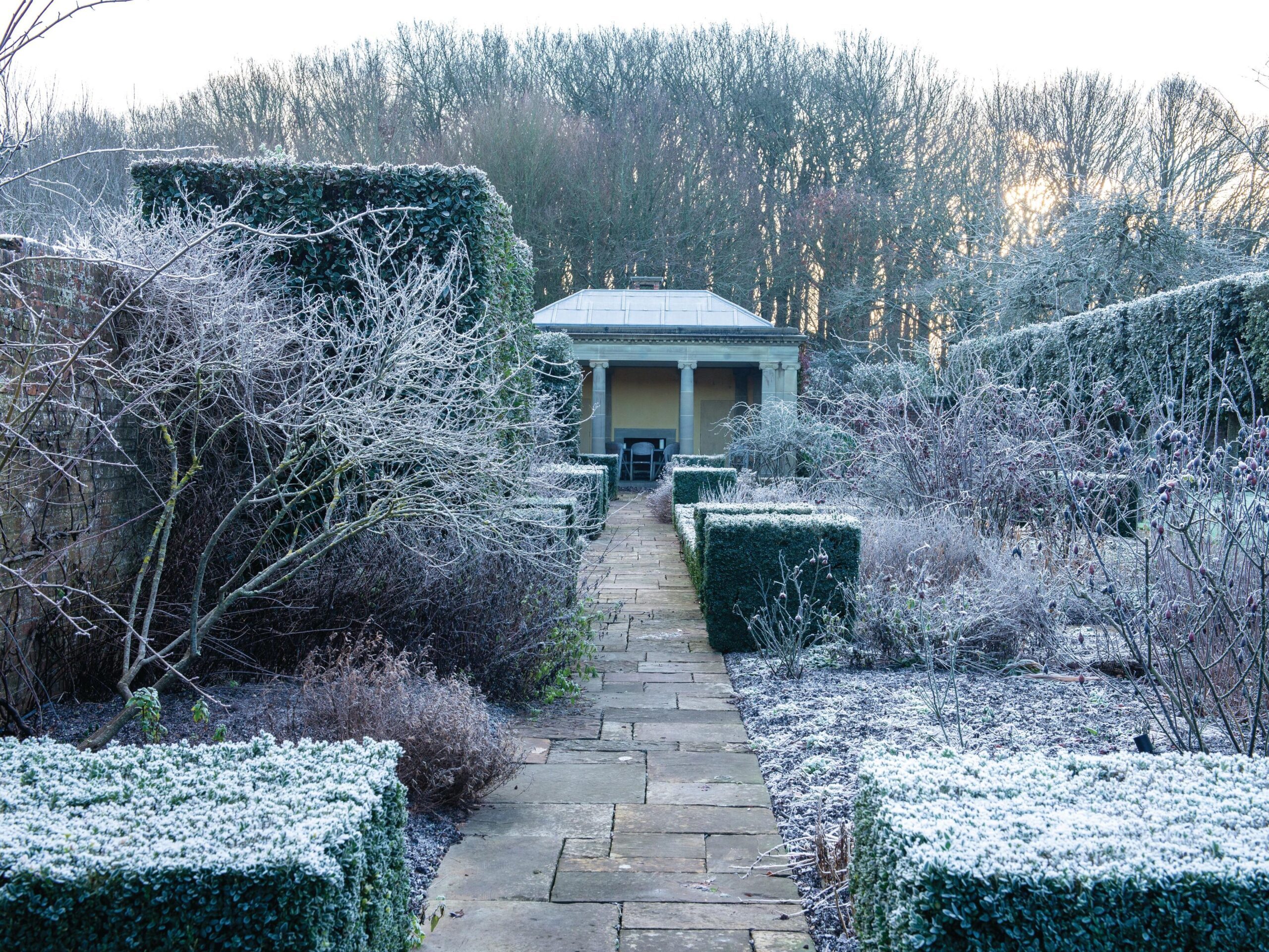 Summer house and garden in winter