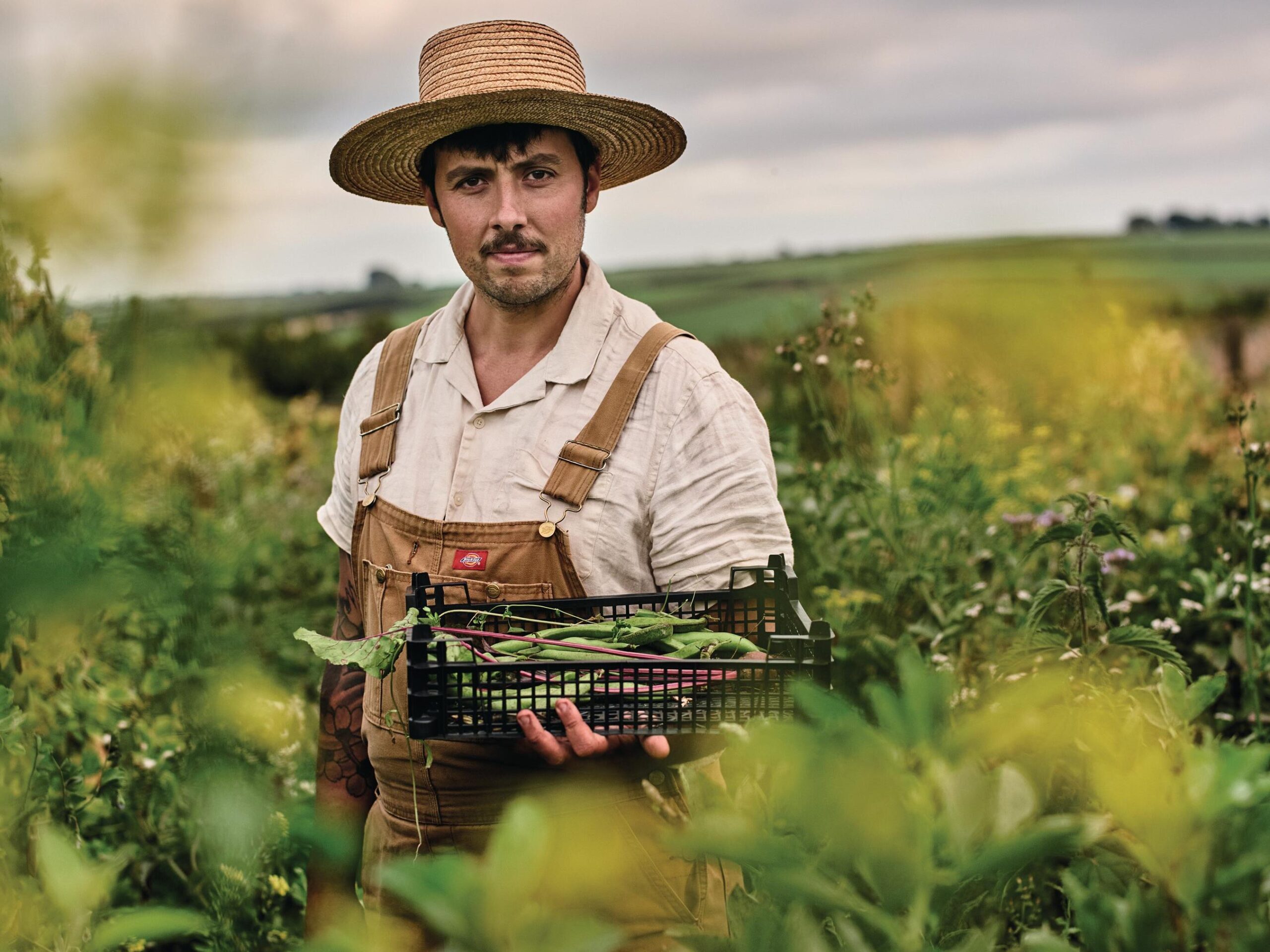 Man holding a box of vegetables in a field