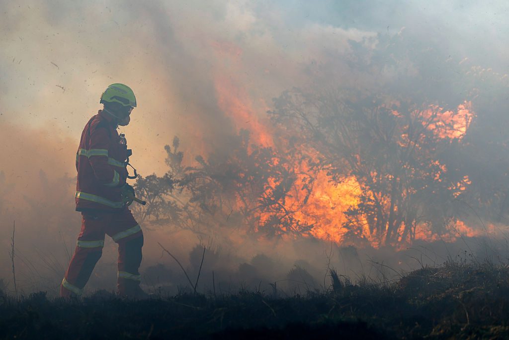 Fire fighters bring a wildfire under control on April 30, 2026 in Bonhill, Scotland.