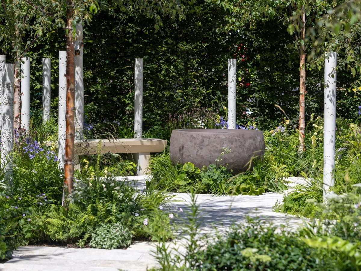 Macmillan Cancer Support: The Nascent Shade Garden. Designed by Elle Arnett. Show Garden. RHS Badminton Flower Show 2026. Site no. 250 © RHS / Neil Hepworth